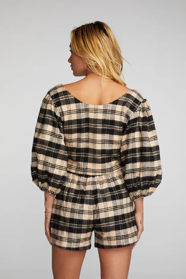 Womens Chaser Brand Tops Flannel Puff Sleeve Cropped Blouse