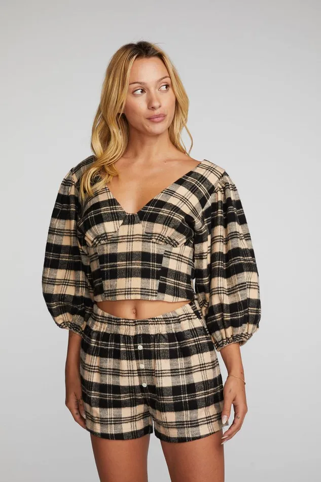 Womens Chaser Brand Tops Flannel Puff Sleeve Cropped Blouse