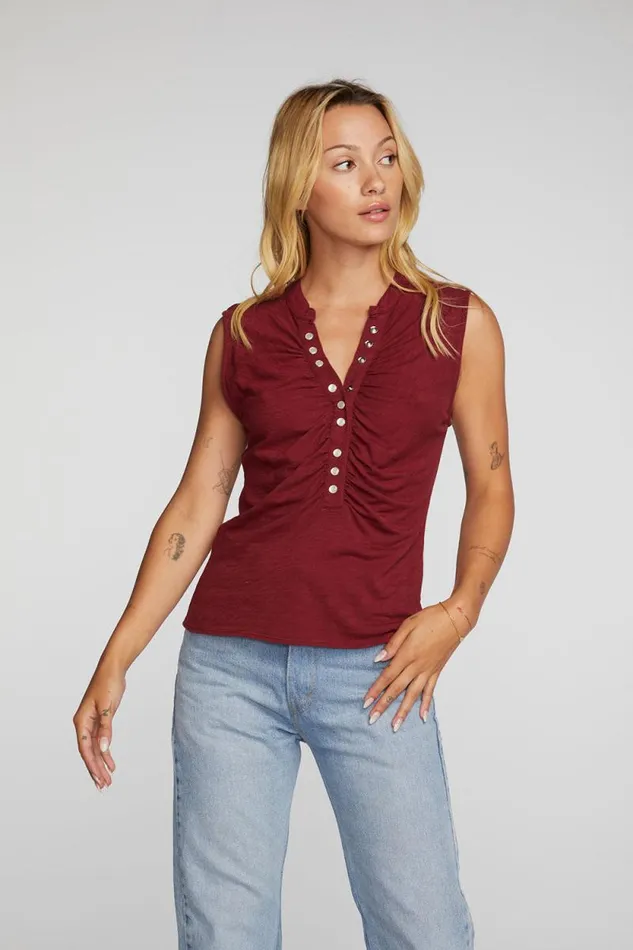 Womens Chaser Brand Tops Gauze Jersey Snap Down Tank With Shirring