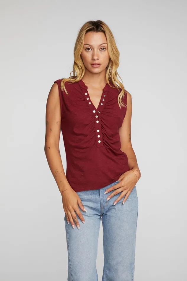 Womens Chaser Brand Tops Gauze Jersey Snap Down Tank With Shirring