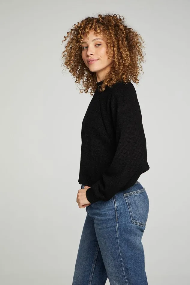 Womens Chaser Brand Tops Long Sleeve Cropped Mock Neck Raglan Tee