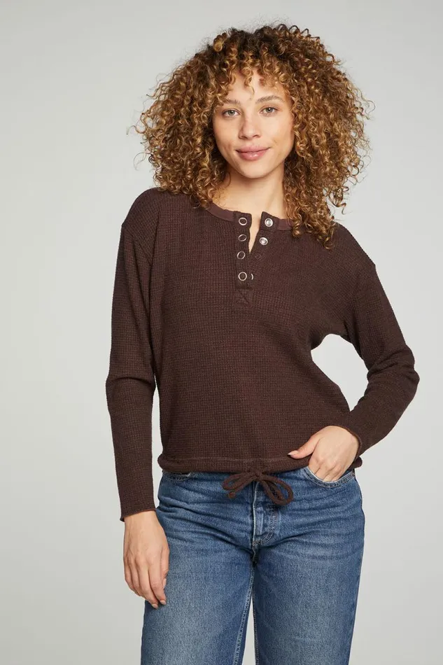 Womens Chaser Brand Tops Long Sleeve Snap Henley Drawstring Waist Tee