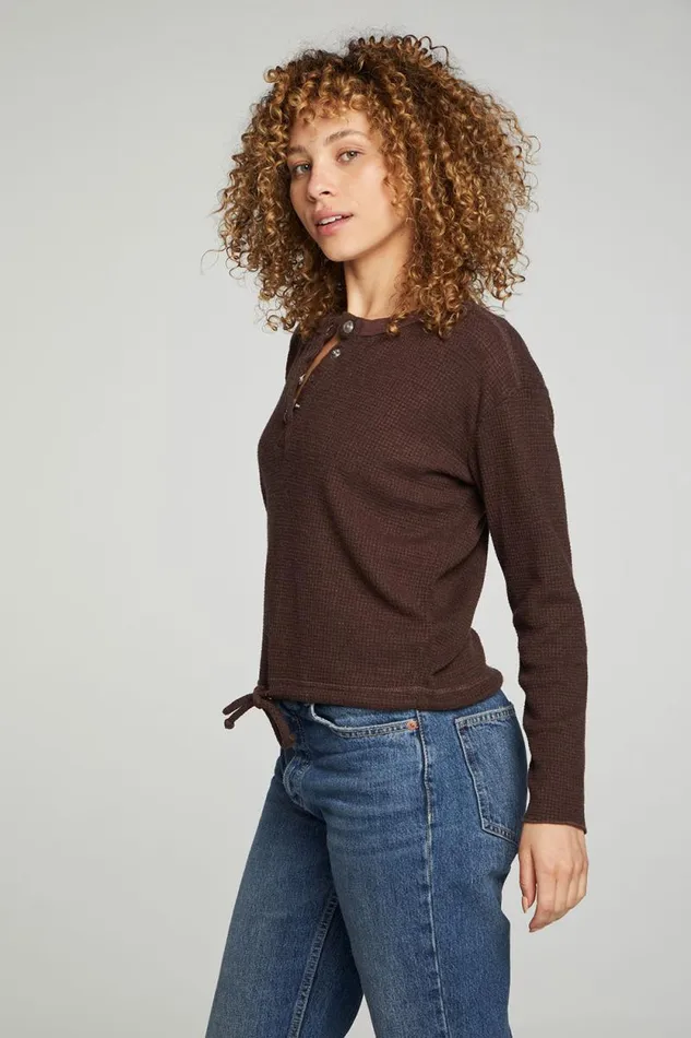 Womens Chaser Brand Tops Long Sleeve Snap Henley Drawstring Waist Tee