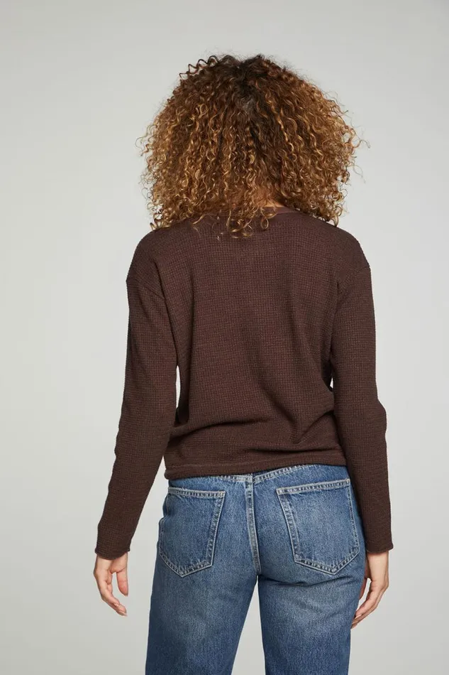 Womens Chaser Brand Tops Long Sleeve Snap Henley Drawstring Waist Tee