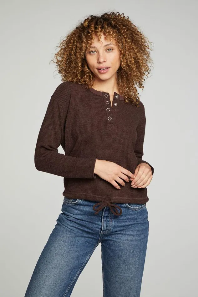 Womens Chaser Brand Tops Long Sleeve Snap Henley Drawstring Waist Tee