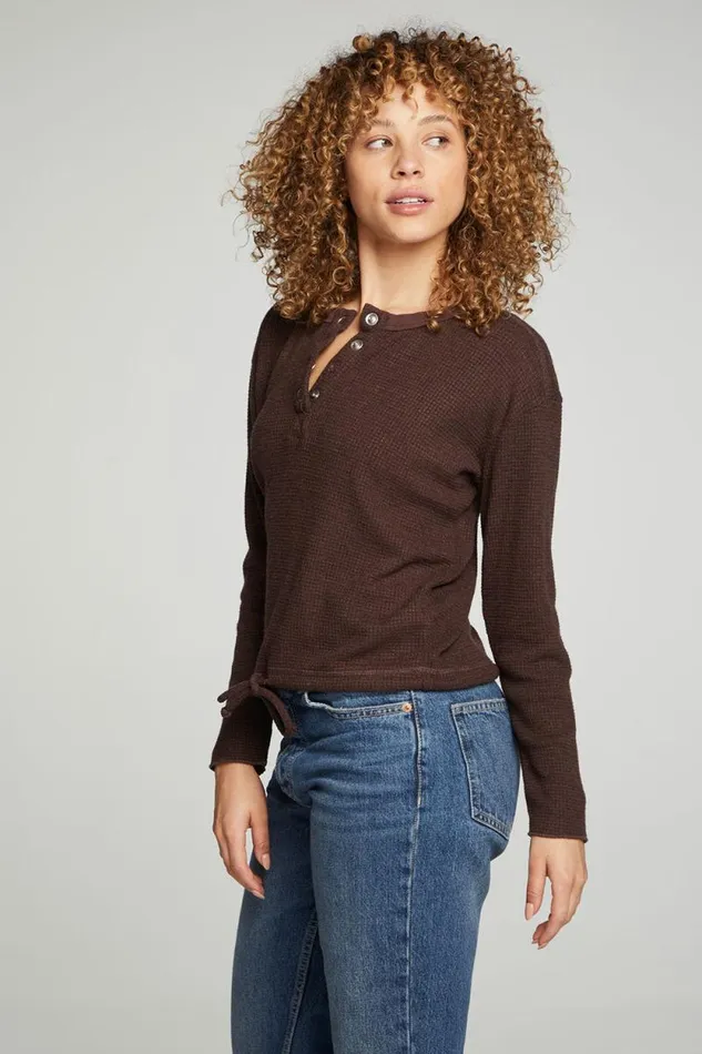 Womens Chaser Brand Tops Long Sleeve Snap Henley Drawstring Waist Tee