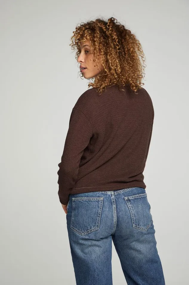 Womens Chaser Brand Tops Long Sleeve Snap Henley Drawstring Waist Tee