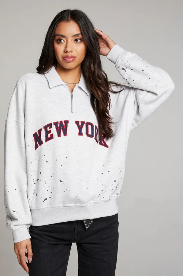 Womens Chaser Brand Tops New York Splatter Paint Half Zip Long Sleeve