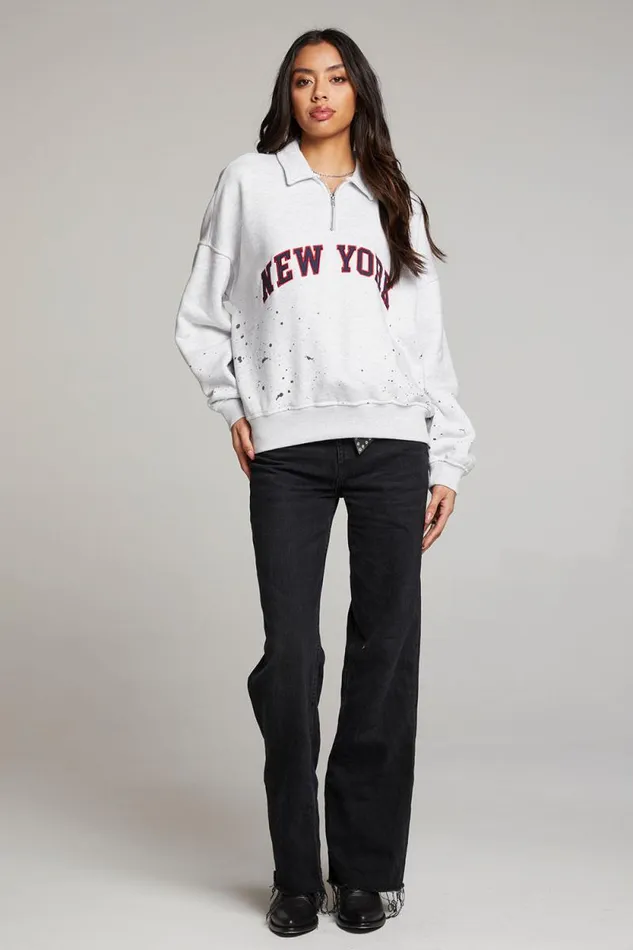 Womens Chaser Brand Tops New York Splatter Paint Half Zip Long Sleeve
