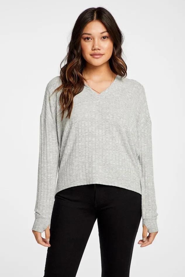 Womens Chaser Brand Tops Poor Boy Rib V Neck Thumbhole Pullover Hoodie