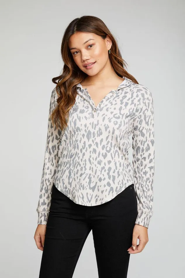 Womens Chaser Brand Tops Vintage Rib Long Sleeve Henley Shirttail Pullover Hoodie