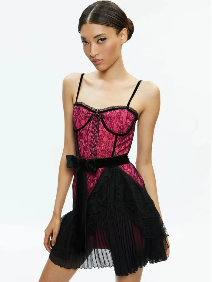 Womens Dresses Alice Olivia Chantil Lace Ruffle Mini Gown Blackwild Pink
