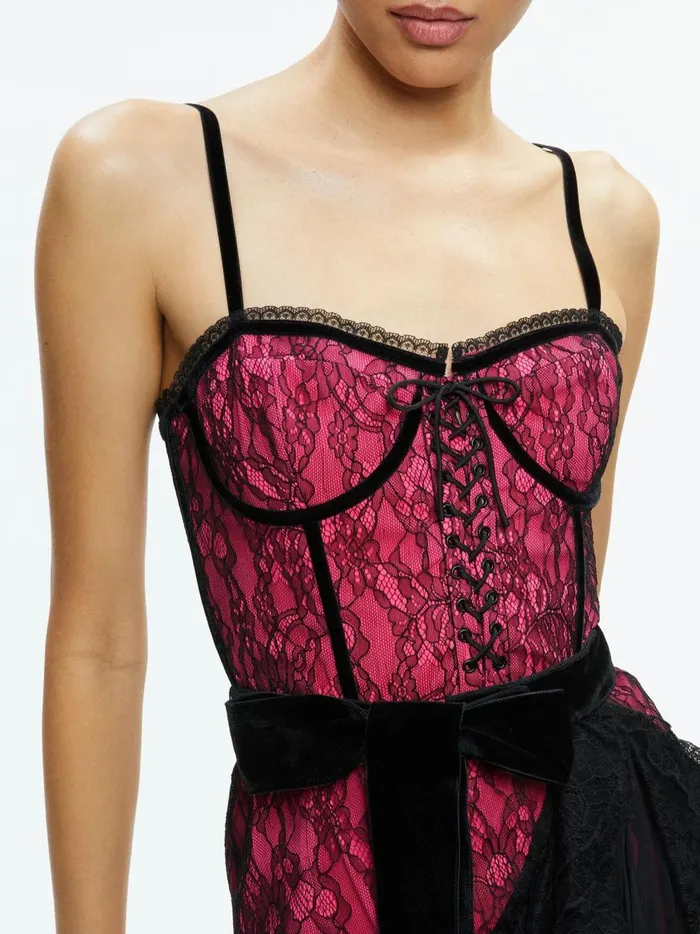 Womens Dresses Alice Olivia Chantil Lace Ruffle Mini Gown Blackwild Pink