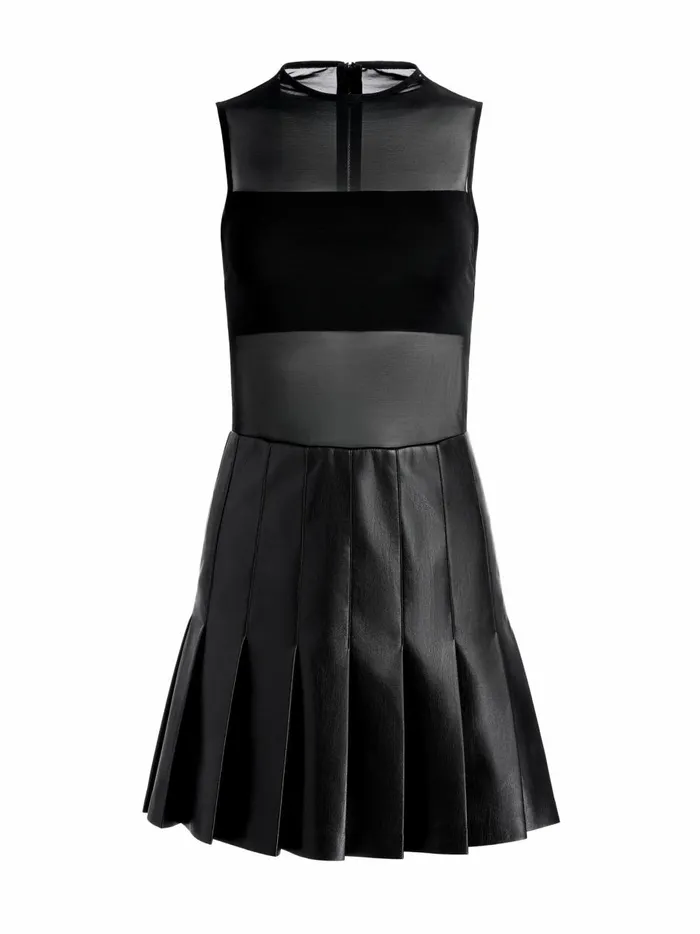 Womens Dresses Alice Olivia Chara Vegan Leather Pleated Mini Dress Black