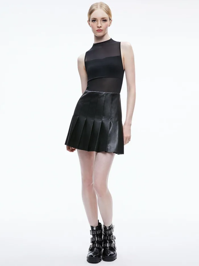 Womens Dresses Alice Olivia Chara Vegan Leather Pleated Mini Dress Black
