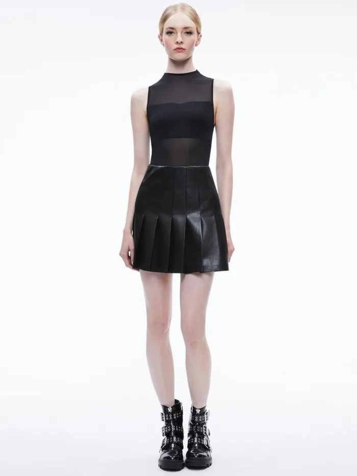 Womens Dresses Alice Olivia Chara Vegan Leather Pleated Mini Dress Black