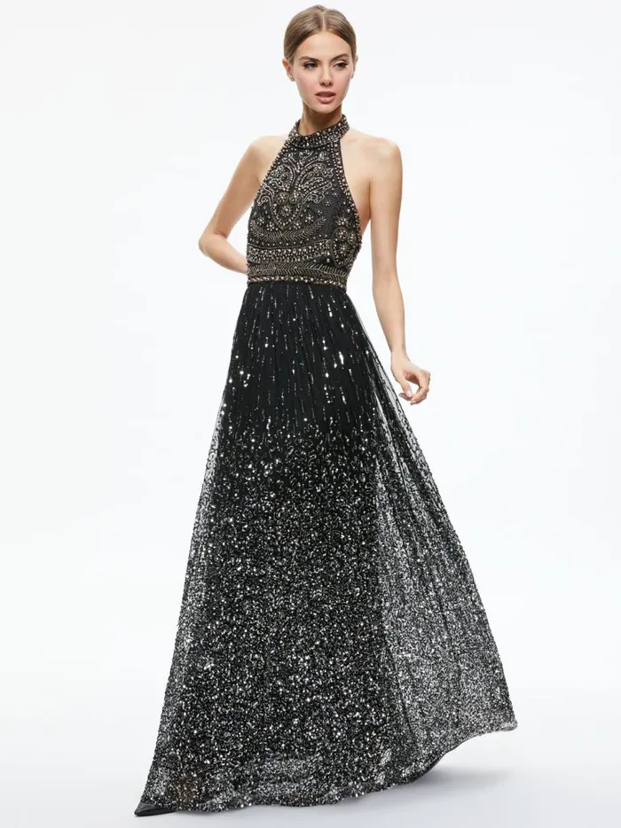 Womens Dresses Alice Olivia Jael Embellished Halter Neck Maxi Gown Blackmulti