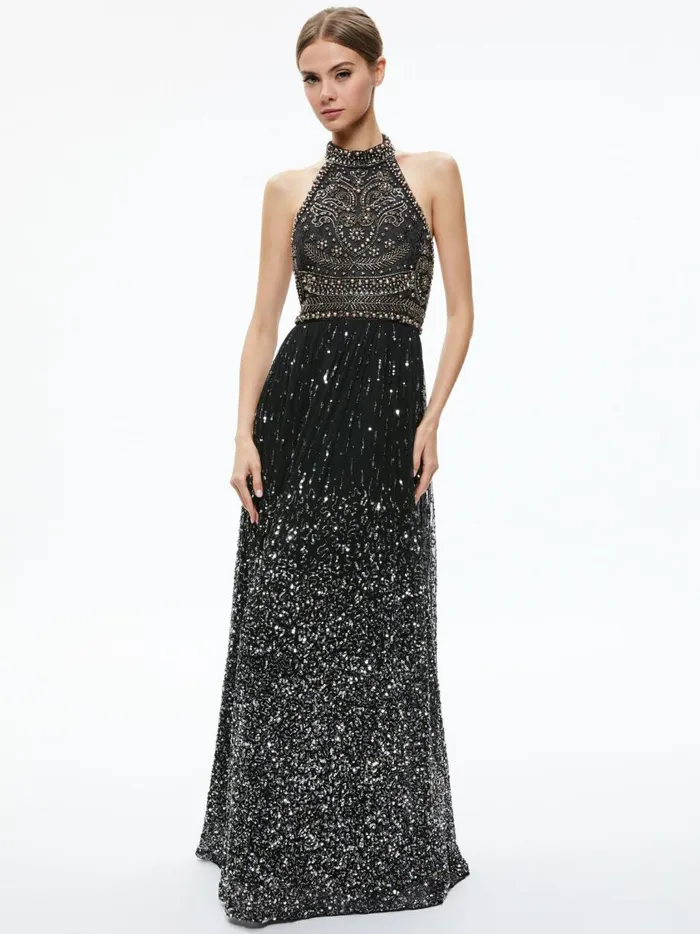 Womens Dresses Alice Olivia Jael Embellished Halter Neck Maxi Gown Blackmulti