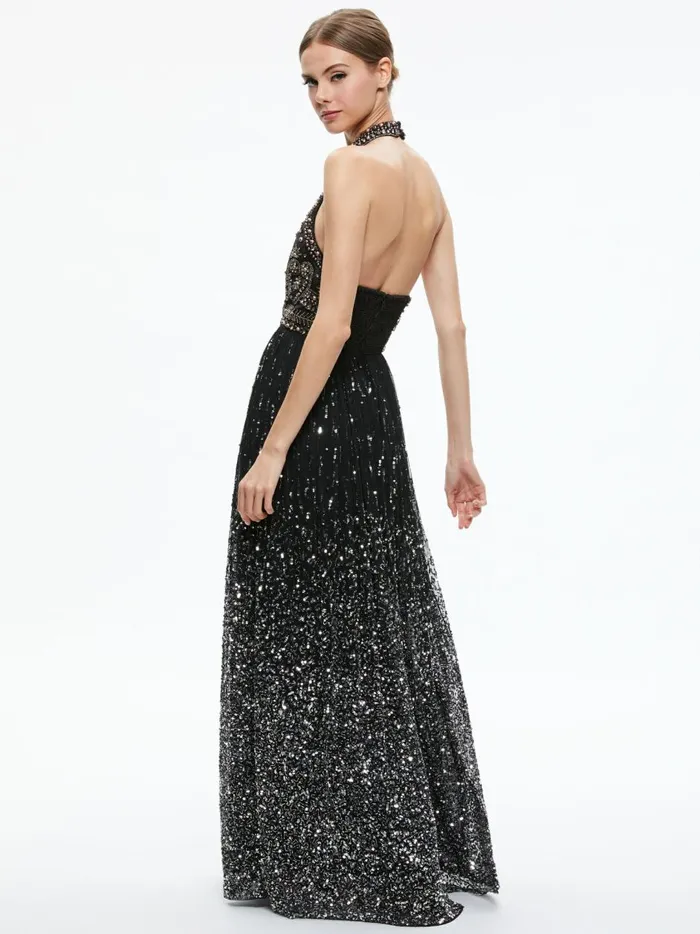 Womens Dresses Alice Olivia Jael Embellished Halter Neck Maxi Gown Blackmulti