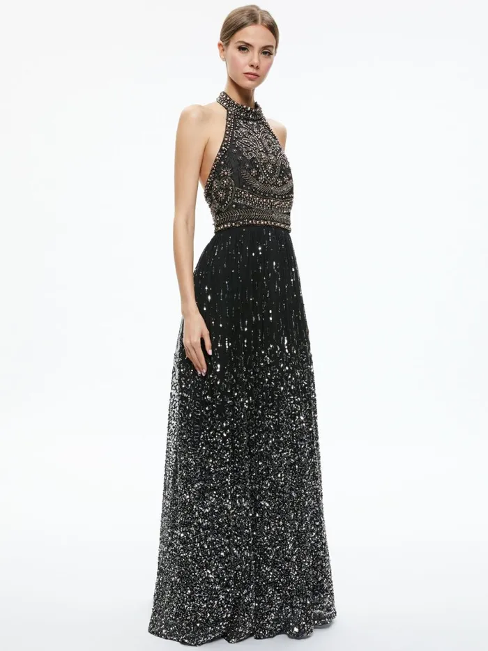 Womens Dresses Alice Olivia Jael Embellished Halter Neck Maxi Gown Blackmulti