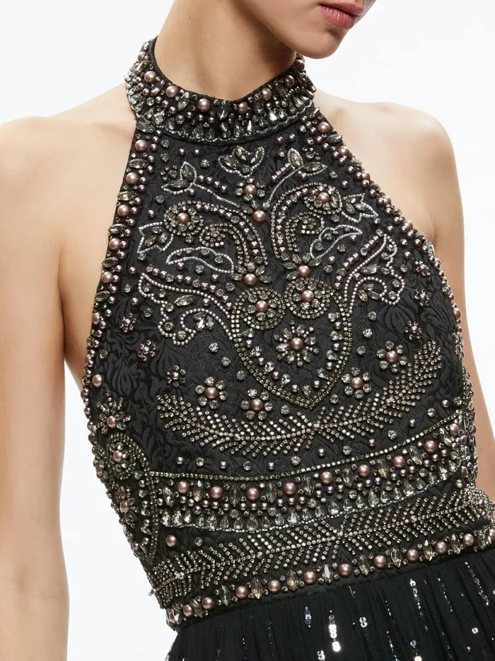 Womens Dresses Alice Olivia Jael Embellished Halter Neck Maxi Gown Blackmulti