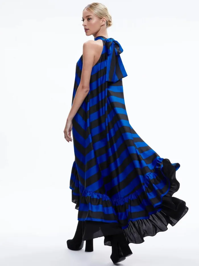 Womens Dresses Alice Olivia Jovie Halter Neck High Low Maxi Dress Sapphireblack Stripe