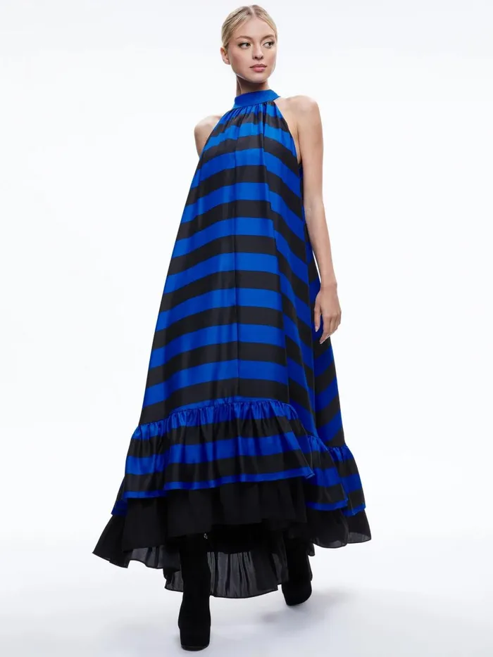 Womens Dresses Alice Olivia Jovie Halter Neck High Low Maxi Dress Sapphireblack Stripe