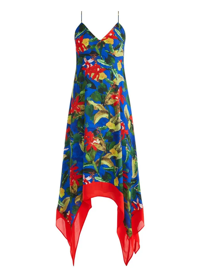 Womens Dresses Alice Olivia Kayson VNeck Handkerchief Hem Dress Tropical Sunrise Sapphire