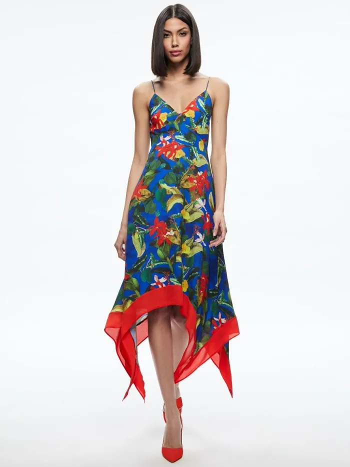 Womens Dresses Alice Olivia Kayson VNeck Handkerchief Hem Dress Tropical Sunrise Sapphire
