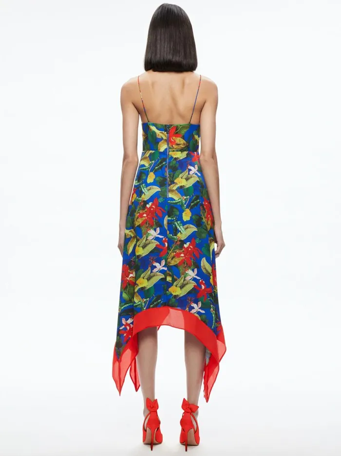 Womens Dresses Alice Olivia Kayson VNeck Handkerchief Hem Dress Tropical Sunrise Sapphire