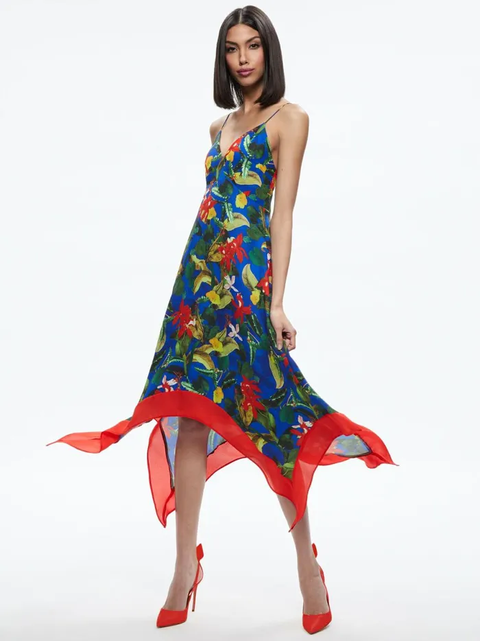 Womens Dresses Alice Olivia Kayson VNeck Handkerchief Hem Dress Tropical Sunrise Sapphire