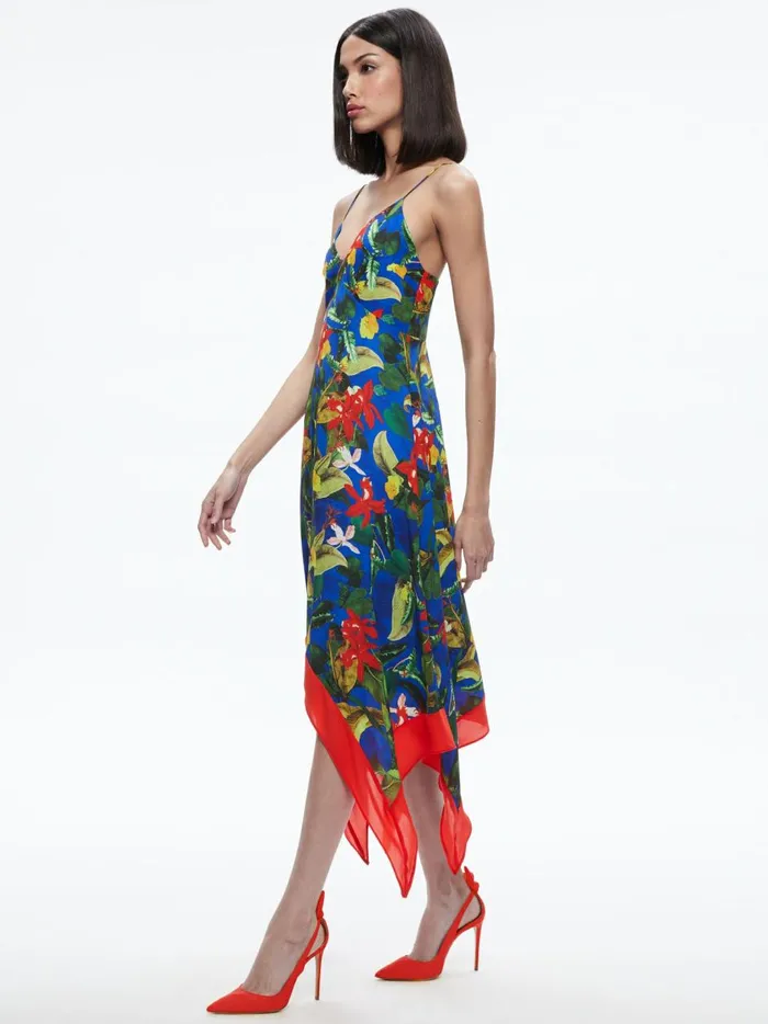 Womens Dresses Alice Olivia Kayson VNeck Handkerchief Hem Dress Tropical Sunrise Sapphire