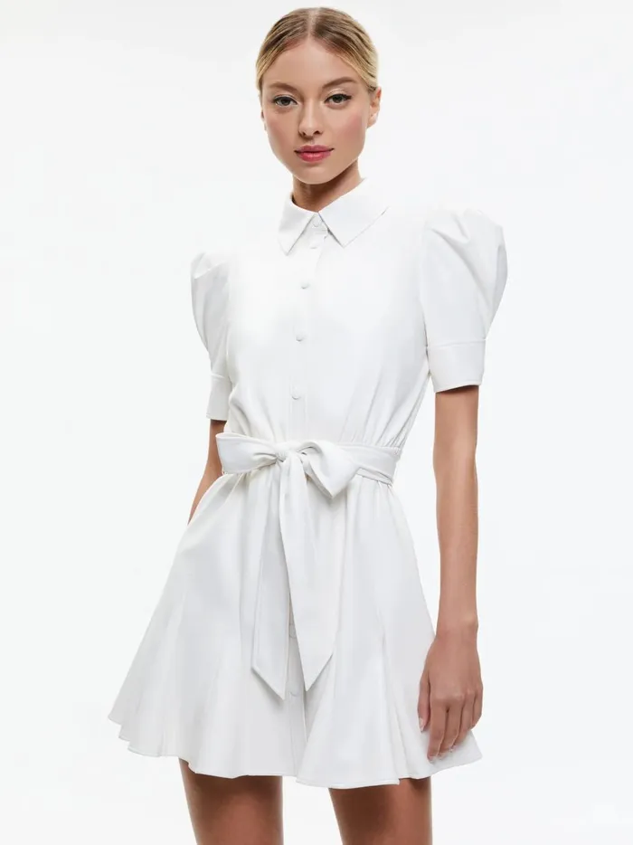 Womens Dresses Alice Olivia Lurlene Short Sleeve Vegan Leather Mini Dress Off White