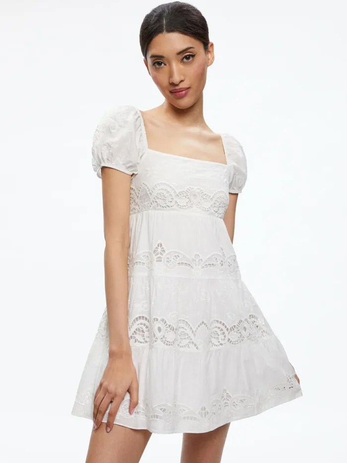 Womens Dresses Alice Olivia Rowen Embroidered Tiered Mini Dress White
