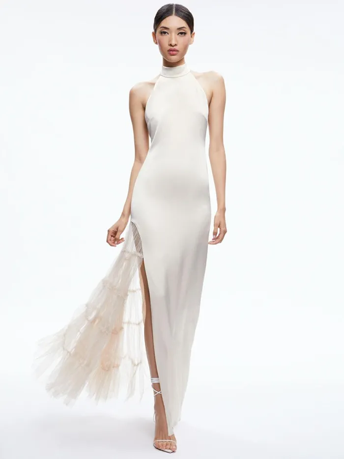 Womens Dresses Alice Olivia Ryn Slit Tulle Panel Maxi Dress Champagne