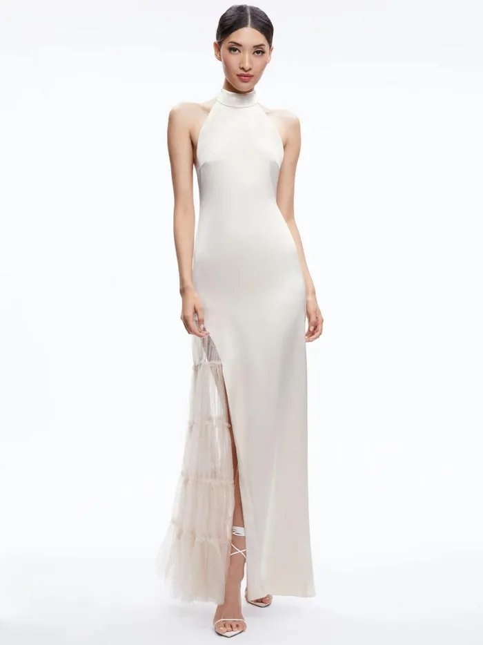 Womens Dresses Alice Olivia Ryn Slit Tulle Panel Maxi Dress Champagne