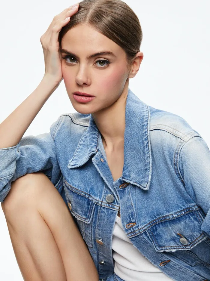 Womens Jackets Coats Alice Olivia Jeff Oversized Denim Jacket Light Indigo Bleached Stripe