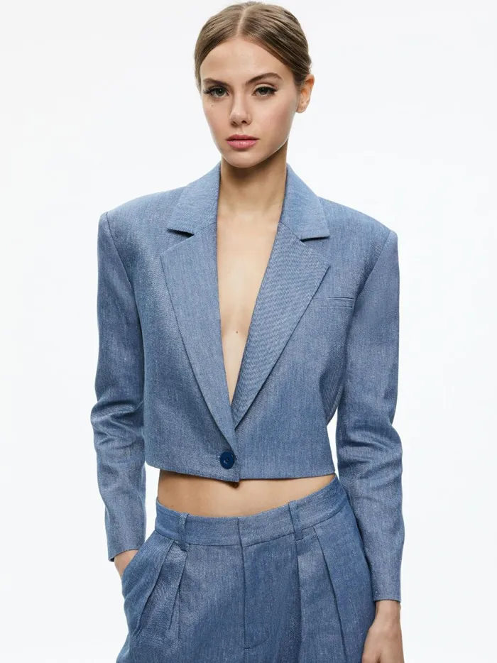 Womens Jackets Coats Alice Olivia Shan Cropped Chambray Blazer Dark Chambray