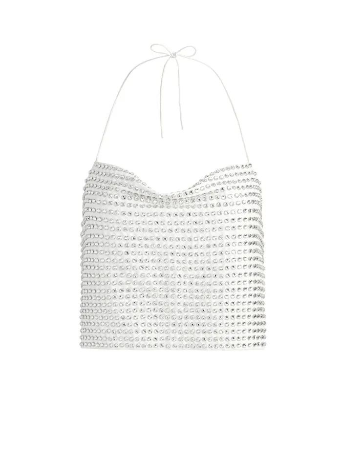 Womens Tops Alice Olivia Grazi Embellished Tie Back Crop Top Off Whitesilver