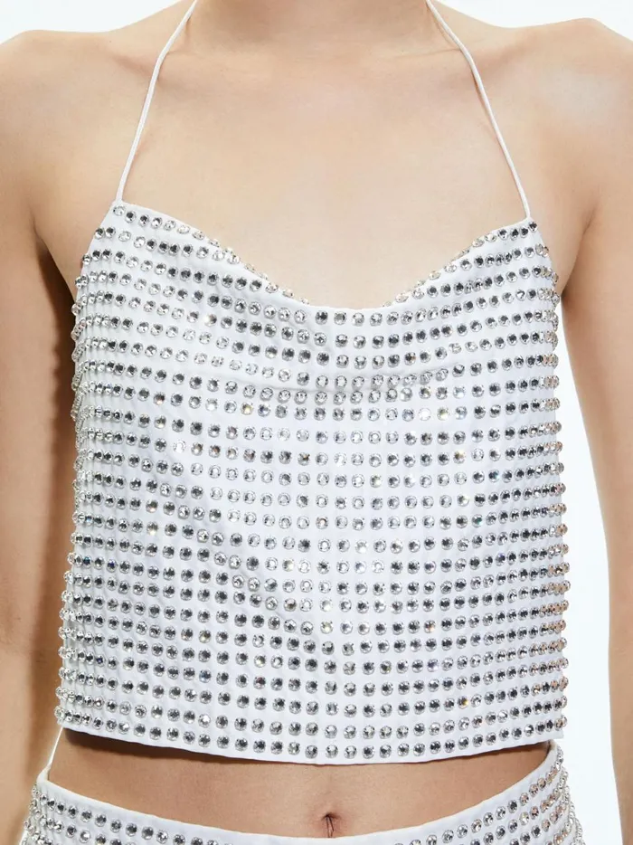 Womens Tops Alice Olivia Grazi Embellished Tie Back Crop Top Off Whitesilver