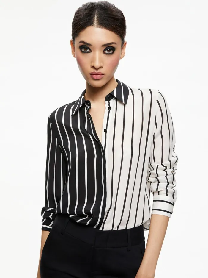Womens Tops Alice Olivia Willa Placket Top Vertical Palazzo Stripe Black