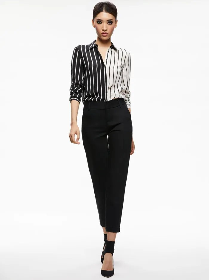 Womens Tops Alice Olivia Willa Placket Top Vertical Palazzo Stripe Black