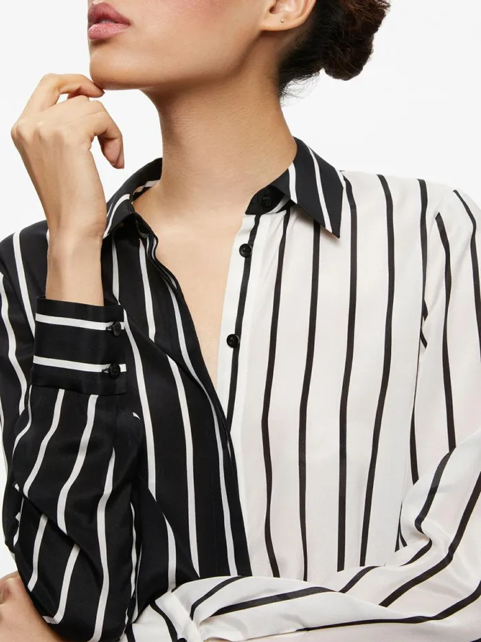 Womens Tops Alice Olivia Willa Placket Top Vertical Palazzo Stripe Black