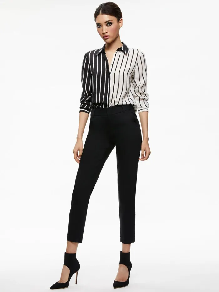 Womens Tops Alice Olivia Willa Placket Top Vertical Palazzo Stripe Black