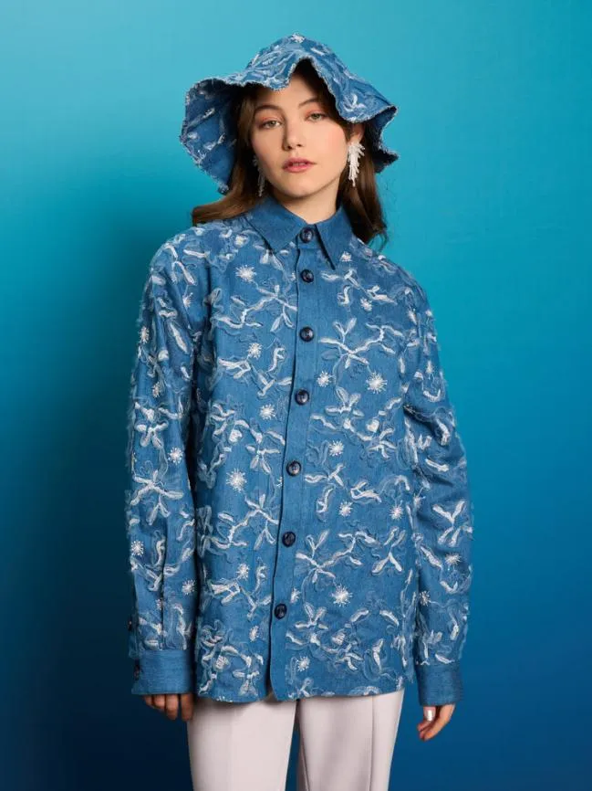 Womenswear Honeycomb Denim Over Shirt Indigo Blue Sister Jane Womenswear Honeycomb Denim Over Shirt Indigo Blue Sister Jane