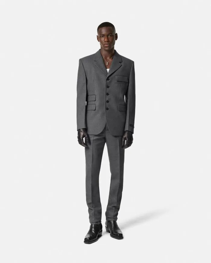 Wool Gabardine Formal Pants Gray Men Versace Blazers and Suits